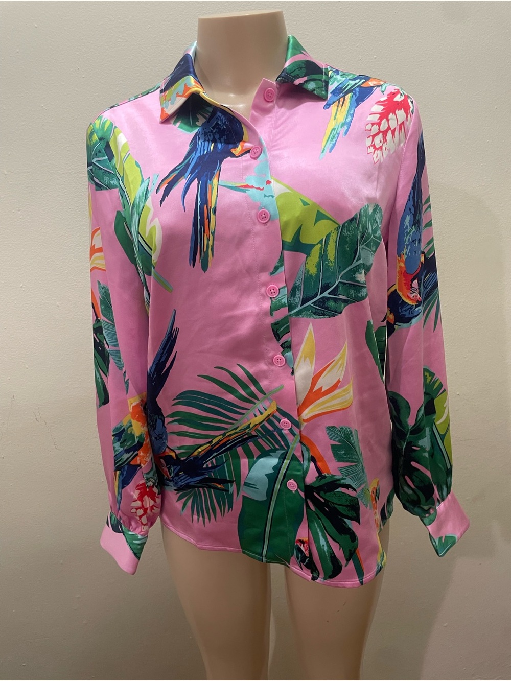 Tropical Print Button-Up Shirt - Pink